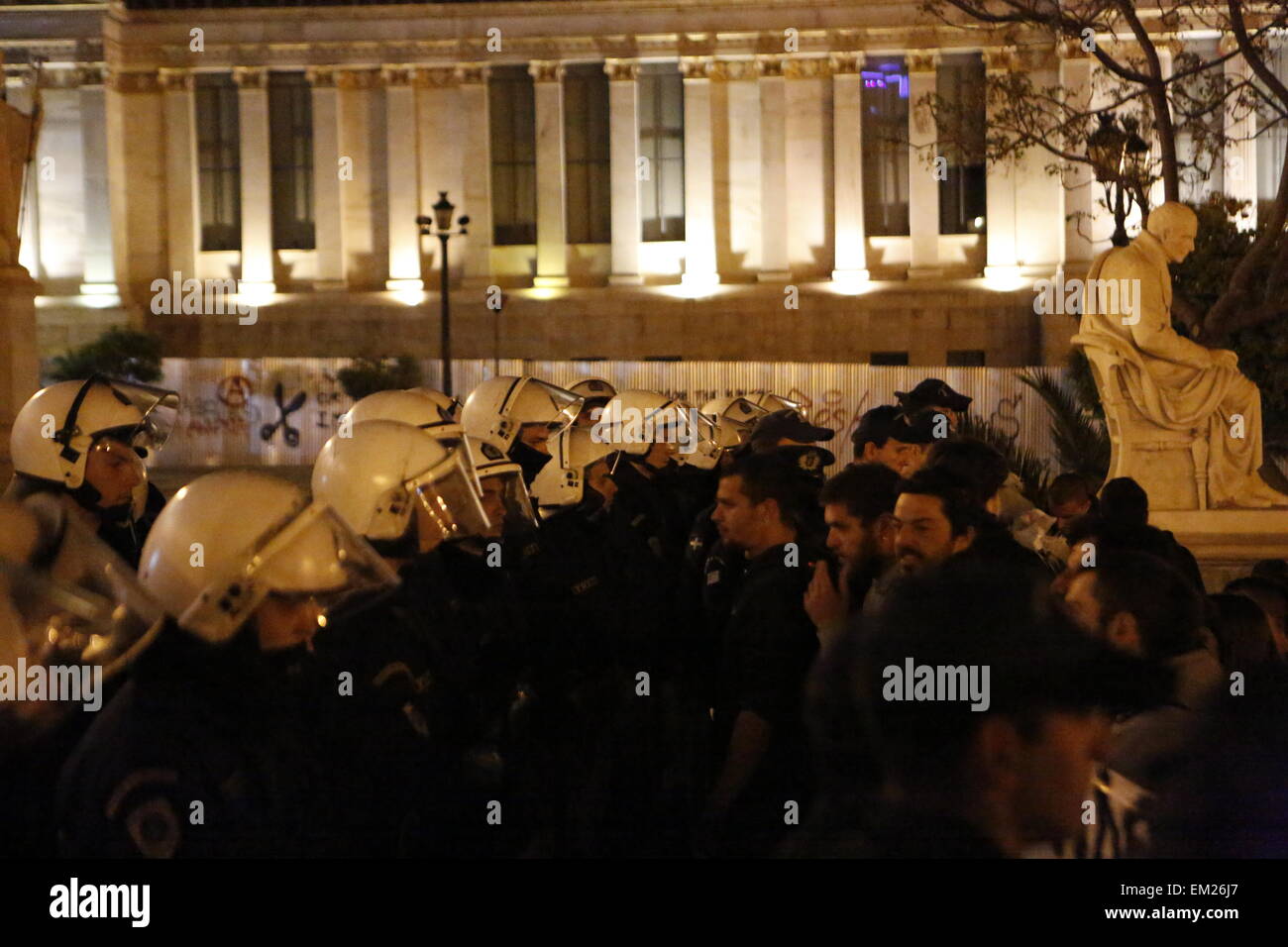 Athens, Greece. 15th Apr, 2015. Riot police officers have a stand off ...