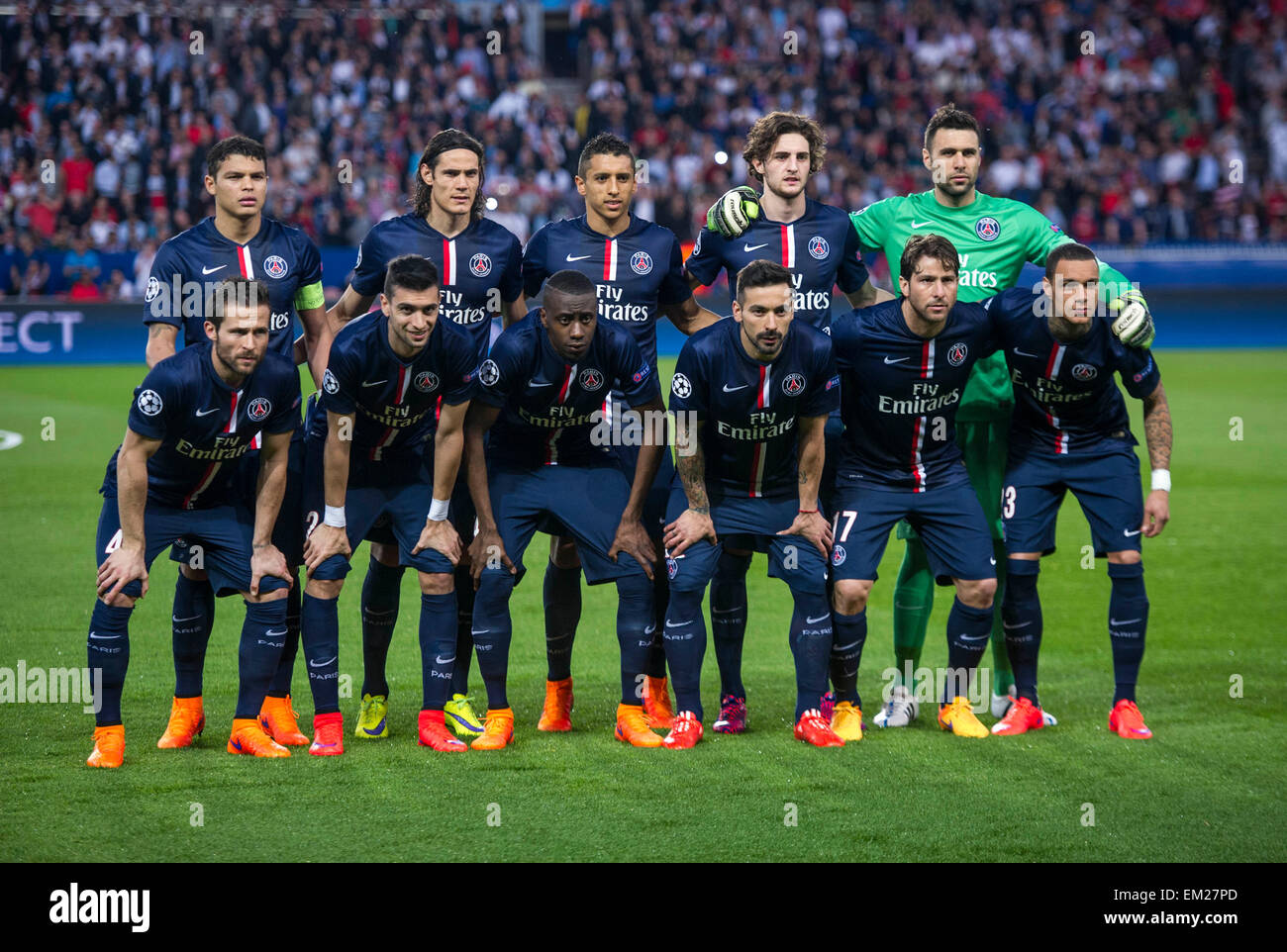 Paris, France. 15th Apr, 2015. Team Paris St Germain pose for a group photo  before UEFA Champions League quarterfinal first Leg football match against  Barcelona in Paris, France, April 15, 2015. Barcelona
