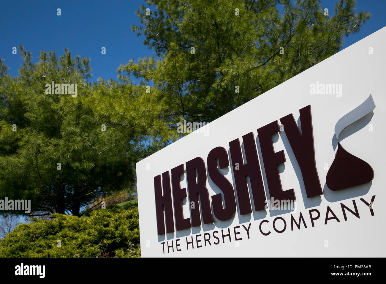 A logo sign outside the headquarters of The Hershey Company in Hershey