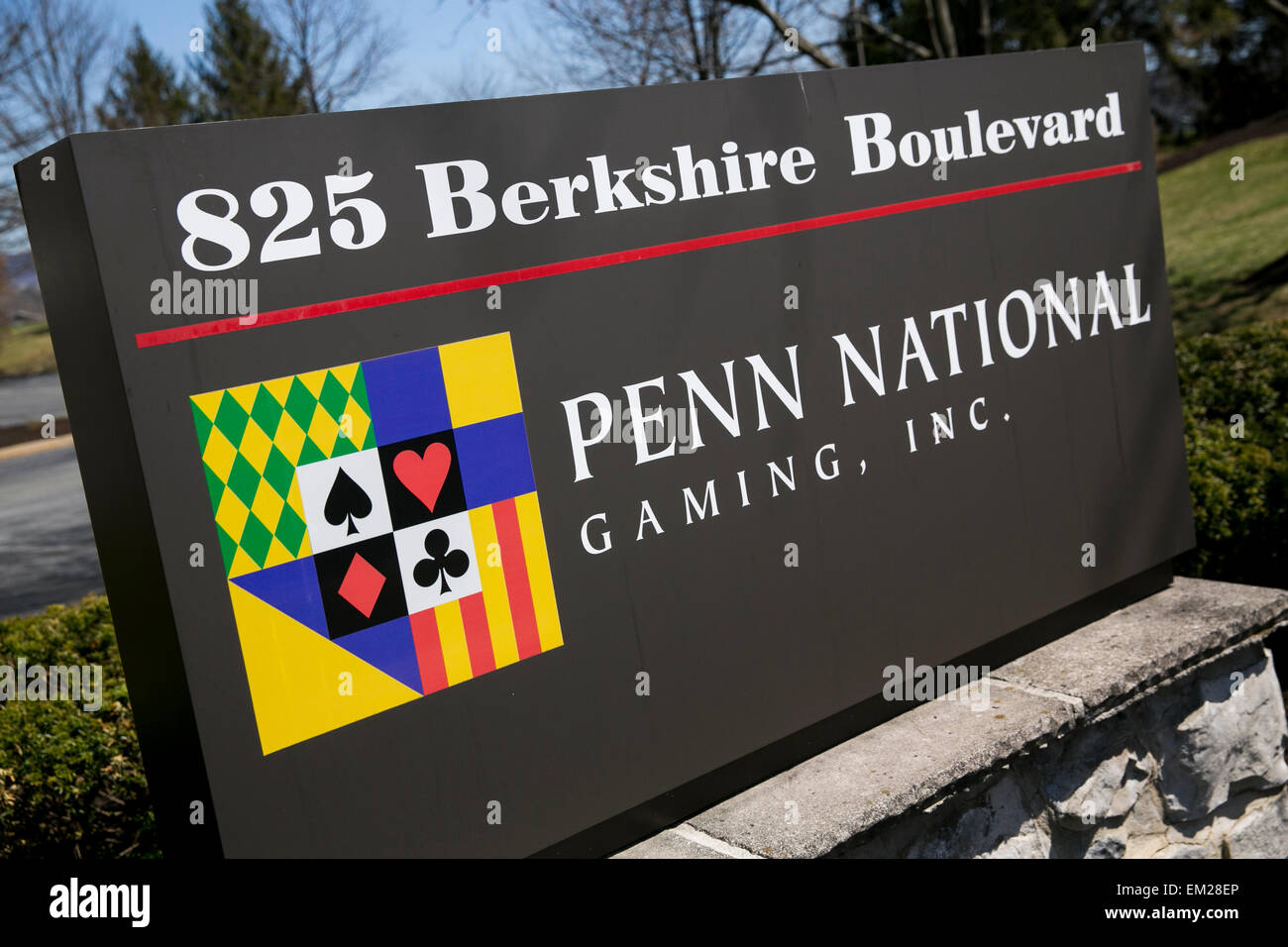 A logo sign outside the headquarters of Penn National Gaming, Inc., in Wyomissing, Pennsylvania. Stock Photo