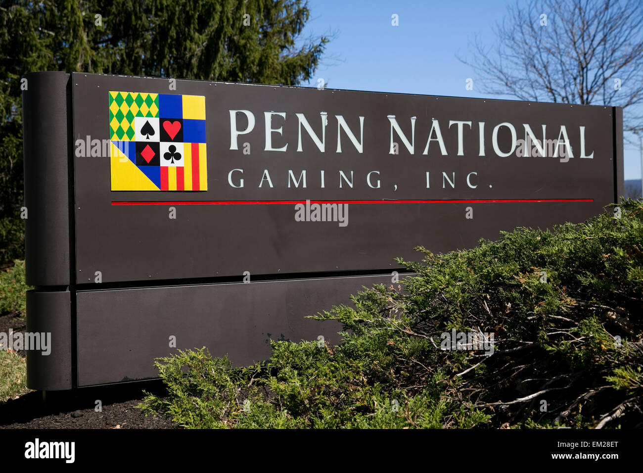 A logo sign outside the headquarters of Penn National Gaming, Inc., in Wyomissing, Pennsylvania. Stock Photo
