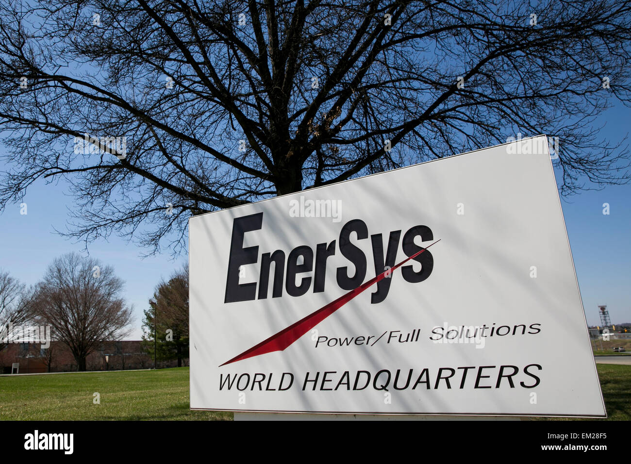 A logo sign outside the headquarters of Enersys in Reading, Pennsylvania. Stock Photo