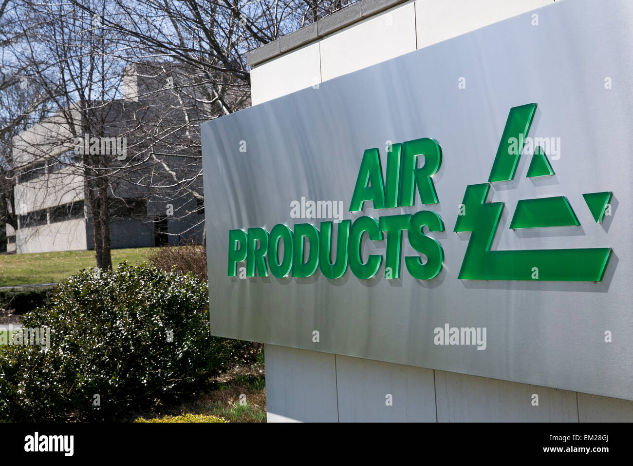 A logo sign outside of the headquarters of Air Products and Chemicals