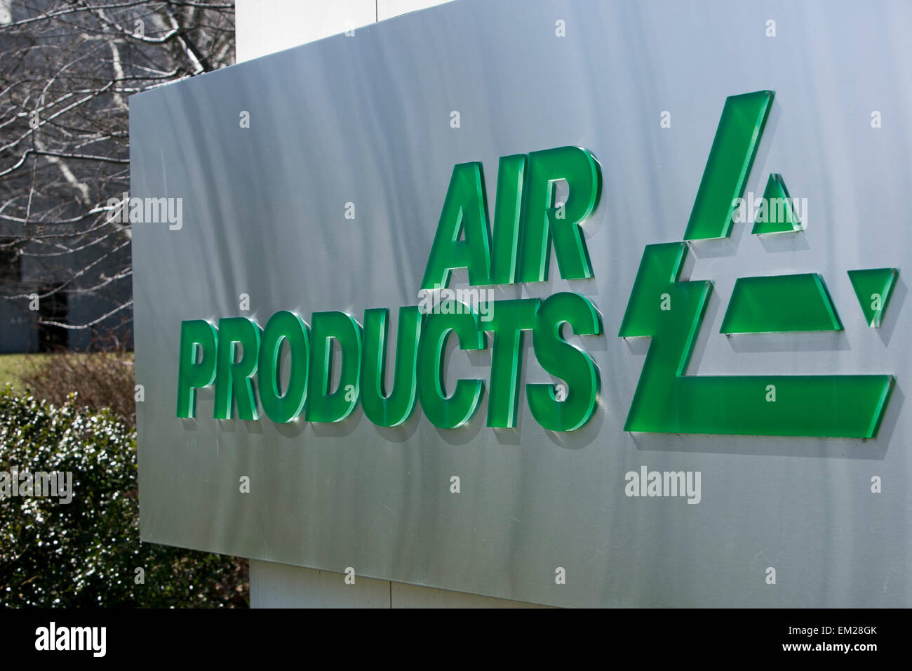 A logo sign outside of the headquarters of Air Products and Chemicals, Inc., in Allentown, Pennsylvania. Stock Photo