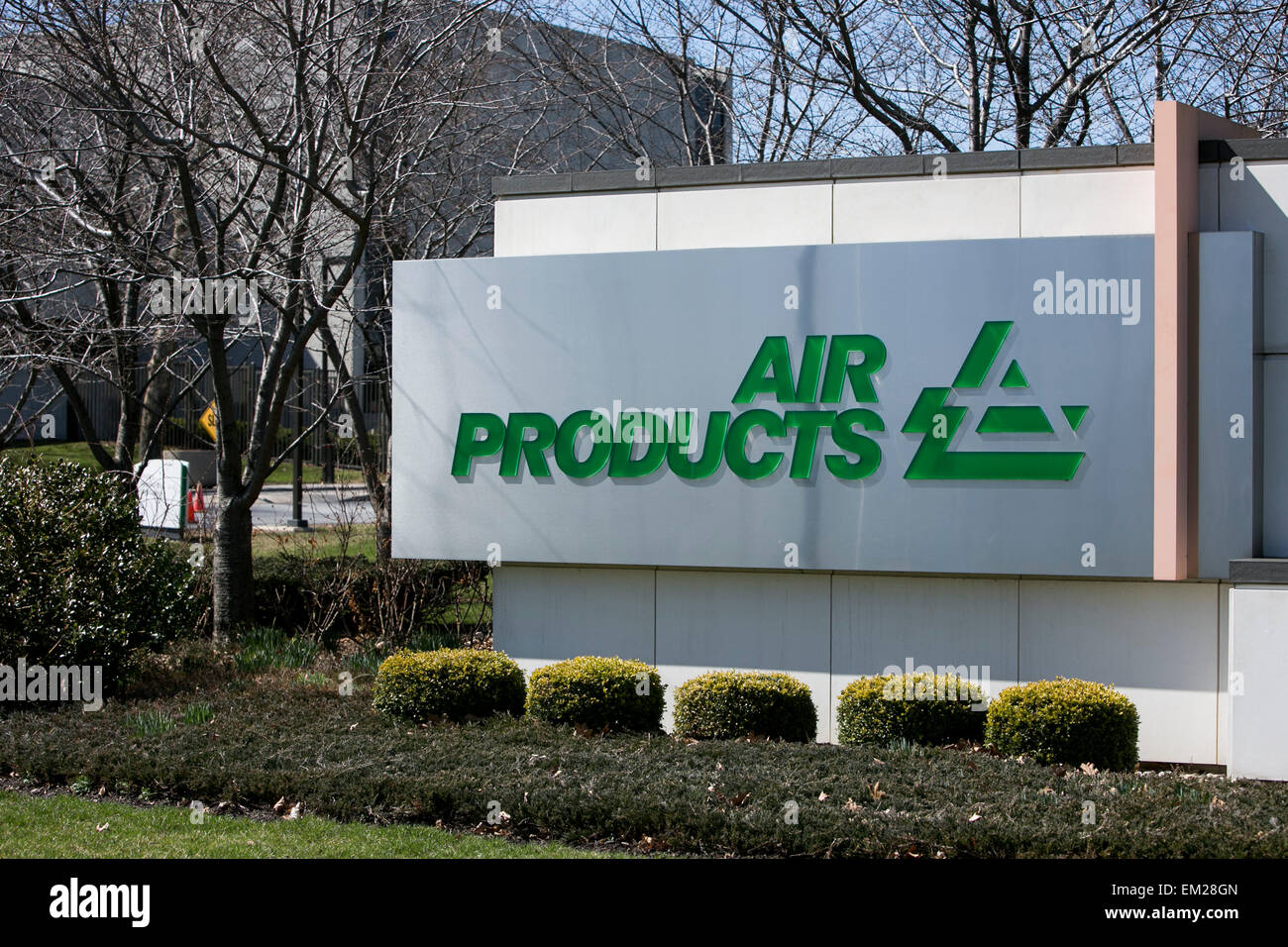 A logo sign outside of the headquarters of Air Products and Chemicals
