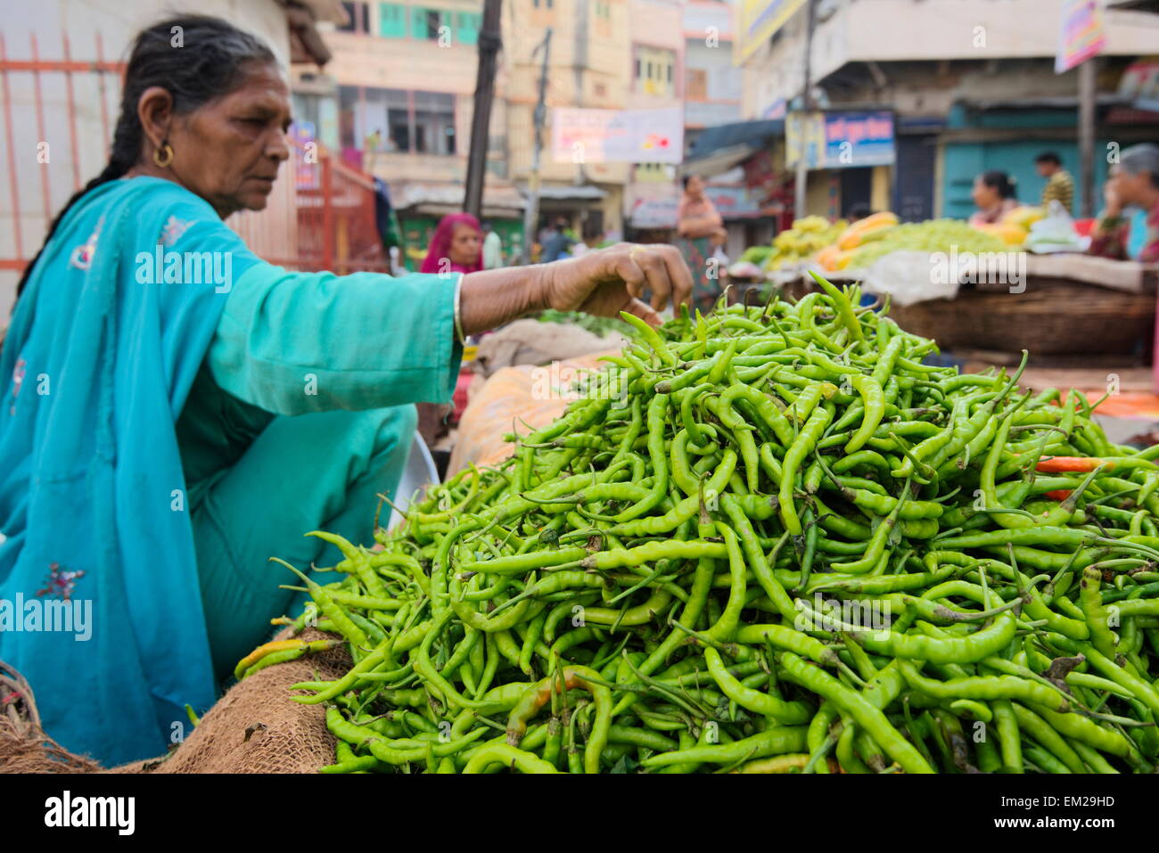 Selling chili peppers at Udaipur street market Stock Photo - Alamy