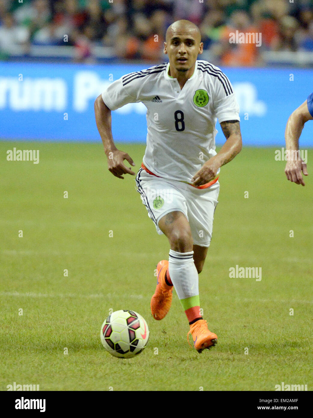 April 15, 2015. Marco Fabian #8 of Mexico in action vs the USA soccer team at the Alamodome in an International Friendly in San Antonio Texas. The U.S. defeats Mexico 2 - 0. Stock Photo