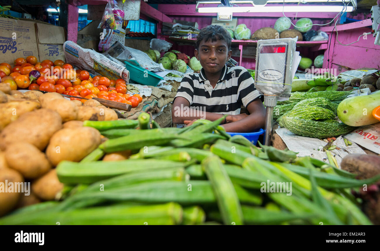 A young boy working on a vegetable stall in the market at Munnar, Kerala India Stock Photo