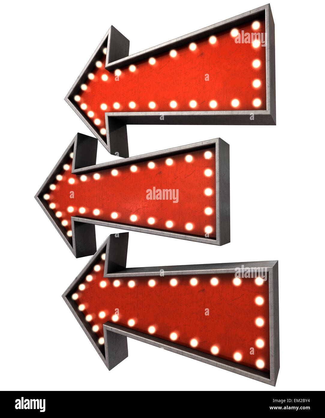 A collection of 3 belle epoque era red vintage arrow signs lit by lightbulbs facing the same direction on an isolated dark backg Stock Photo