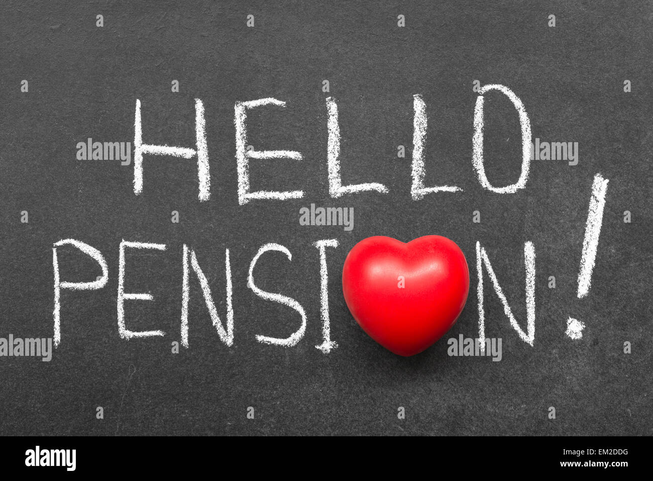 hello pension exclamation handwritten on chalkboard with heart symbol instead of O Stock Photo