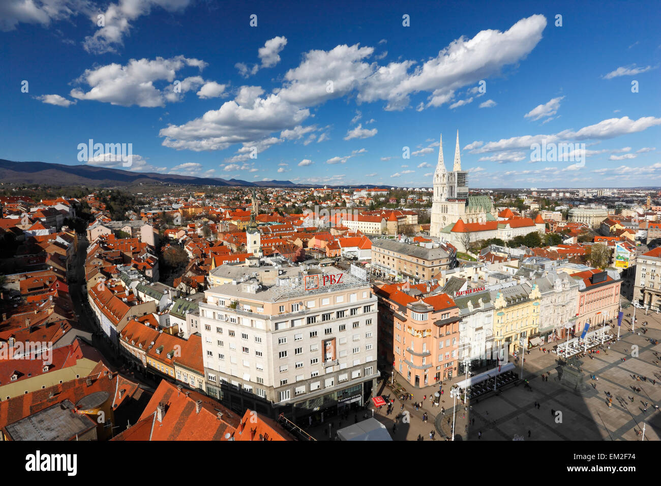 Zagreb aerial view. Jelacic square and Zagreb Cathedral. Stock Photo