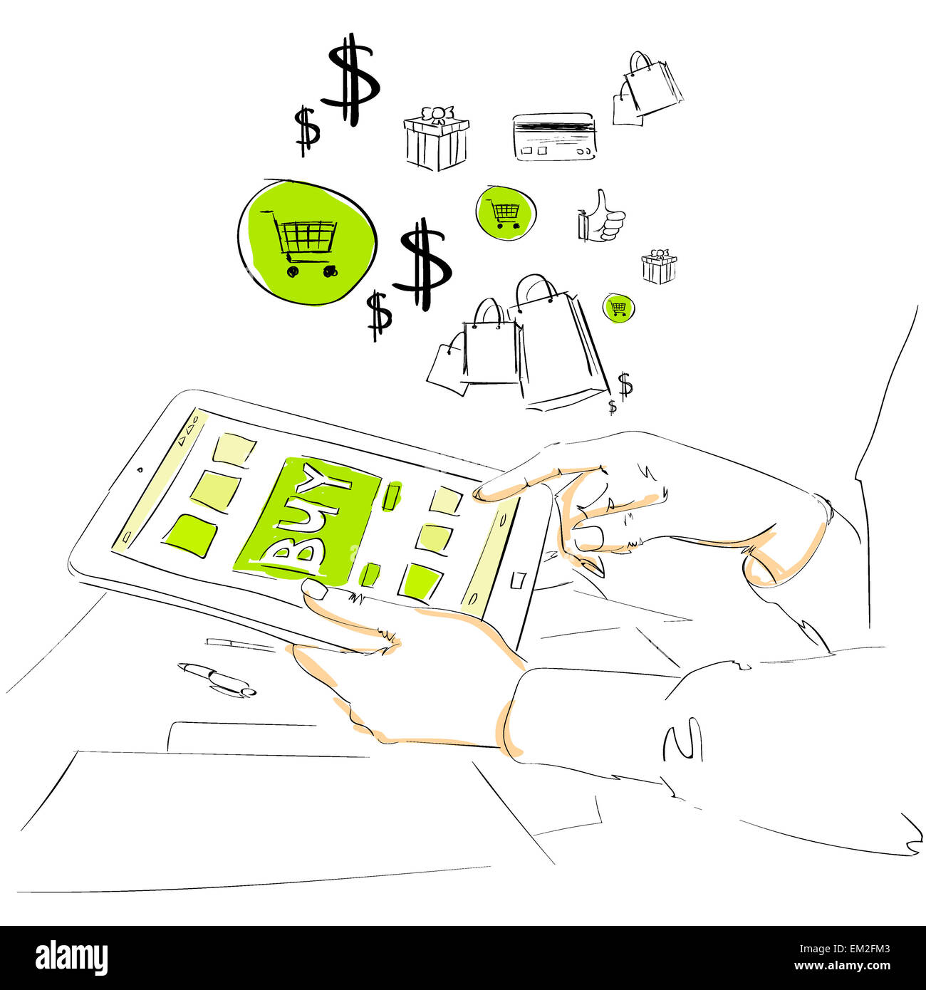 sketch tablet computer buy button touch finger on line store Stock Photo