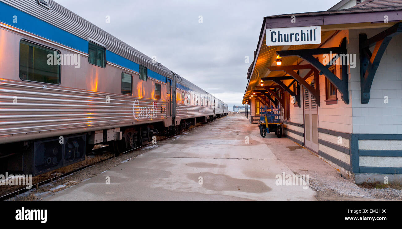 Train Stopped In A Station; Churchill Manitoba Canada Stock Photo