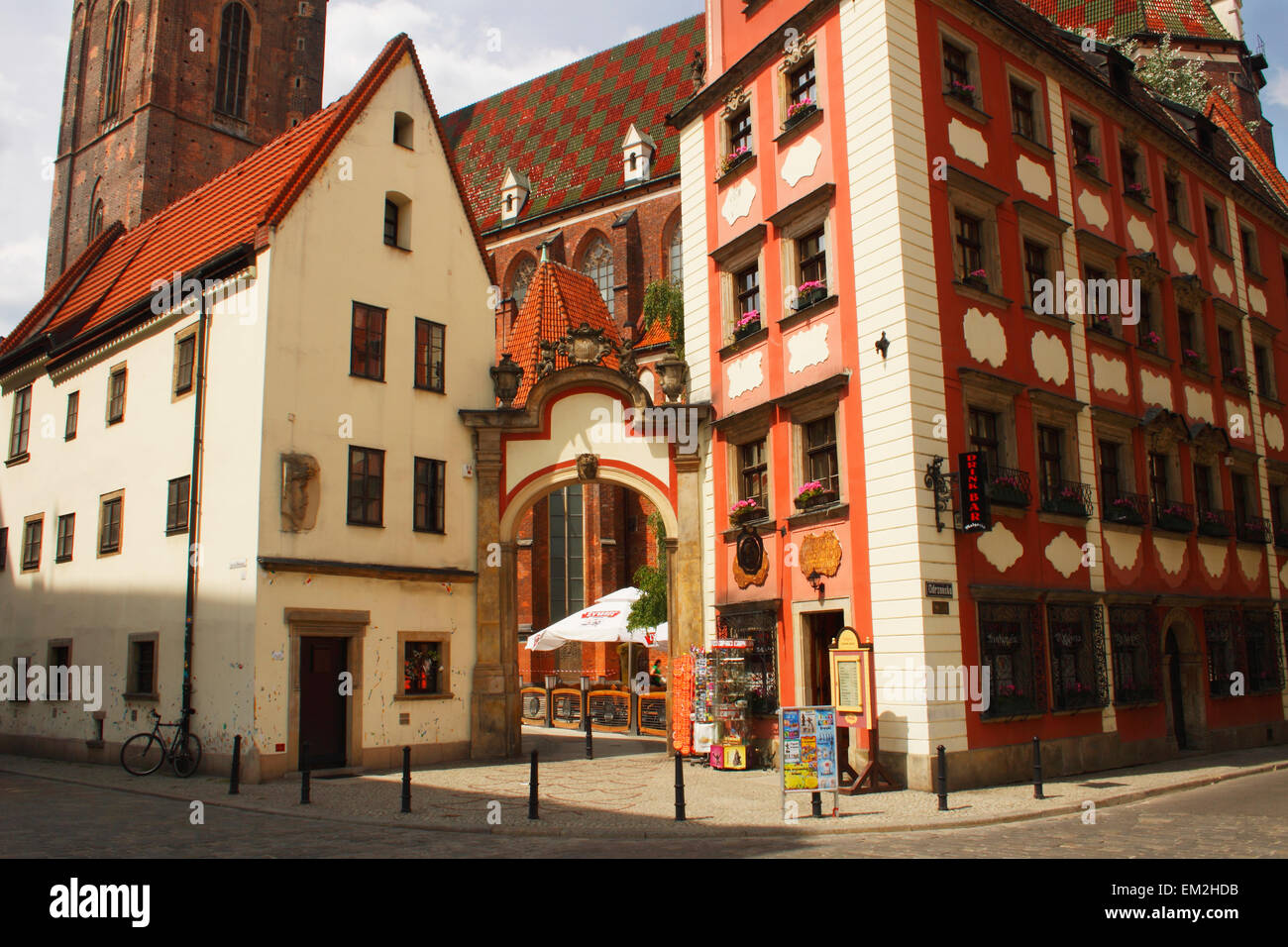 Archway Between Two Houses To St. Elizabeth's Church Off Rynek Square; Wroclaw Poland Stock Photo