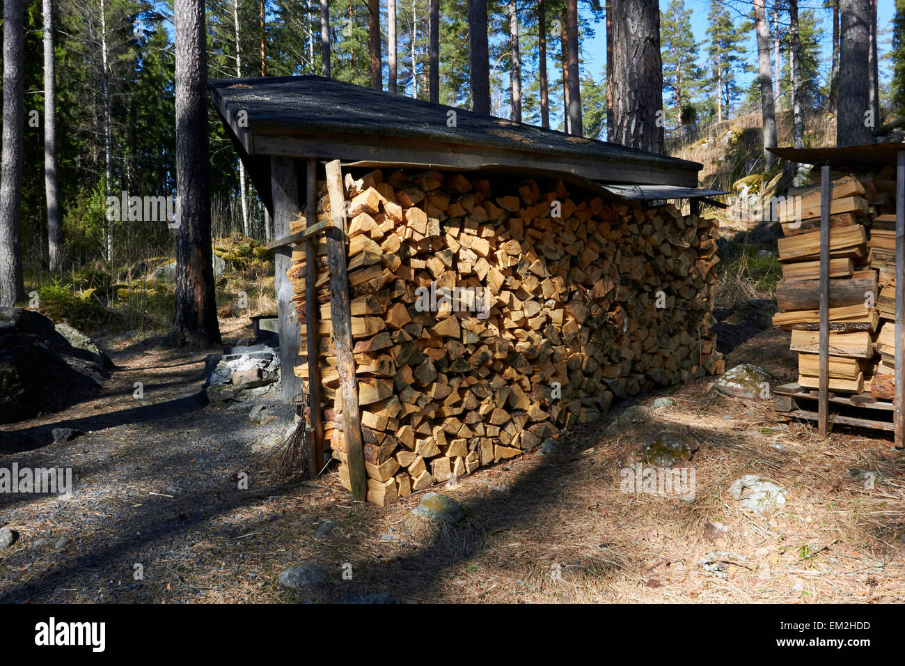 firewood at camping site, Kärnäkoski Savitaipale Finland Stock Photo