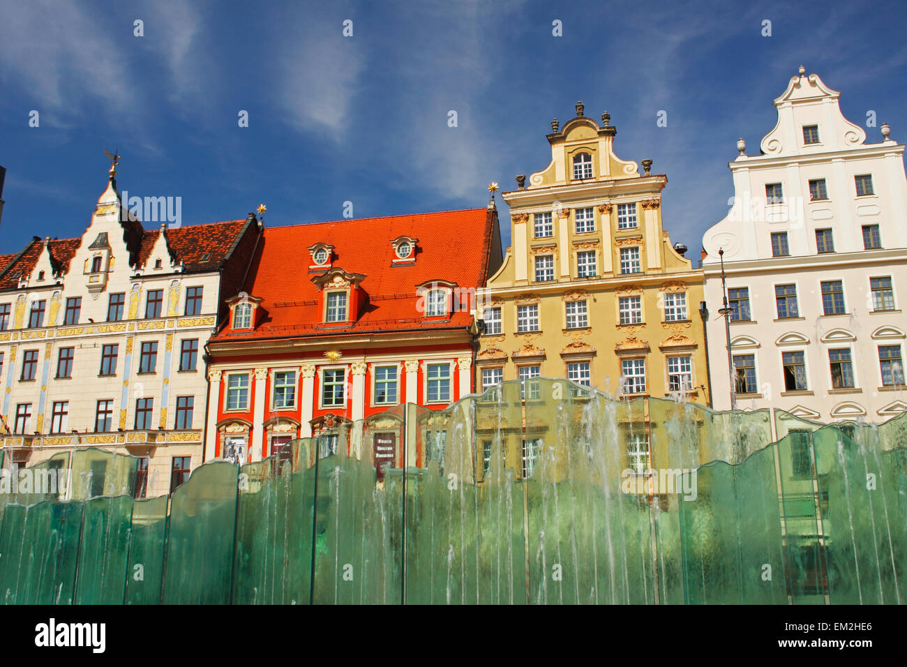 Colourful Buildings And Fountain On Rynek Square; Wroclaw Poland Stock Photo
