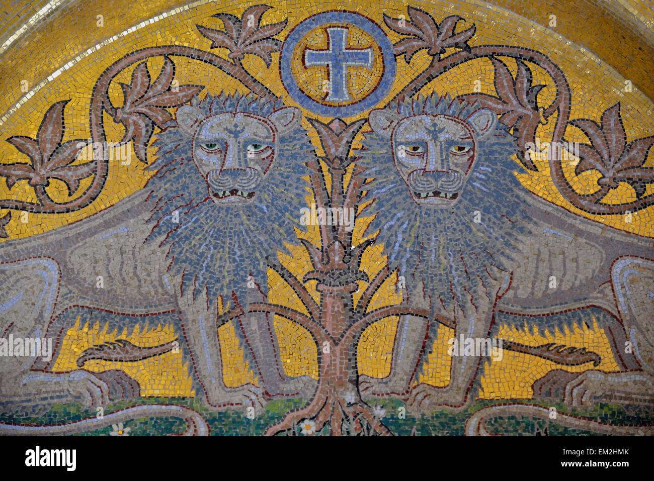 Mosaic wall in the Chapel of Tears, Odilien monastery on Odilien mountain in Ottrott, Département Bas-Rhin, Alsace, France Stock Photo