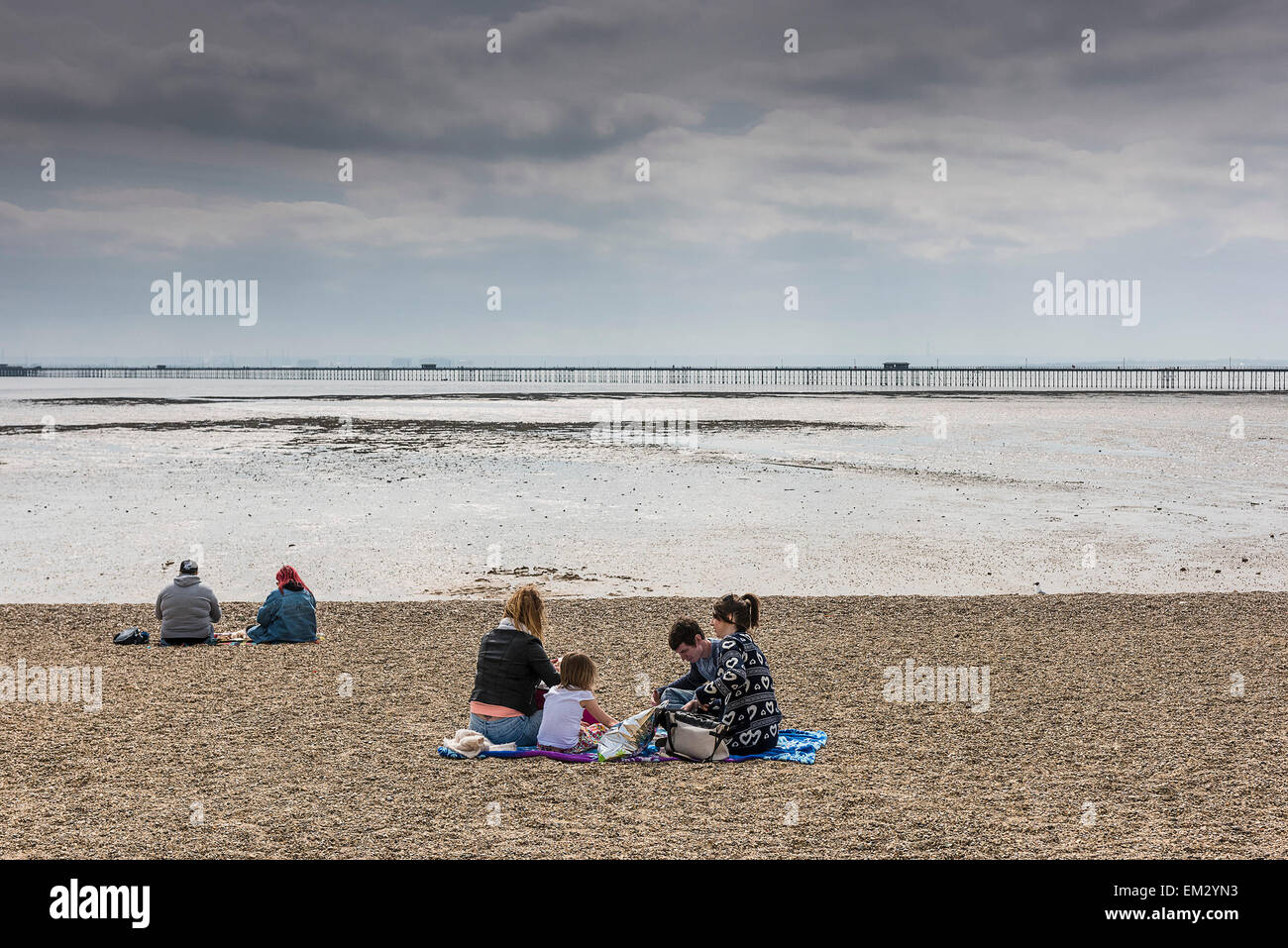 People on Jubilee Beach in Southend on a cloudy day Stock Photo Alamy