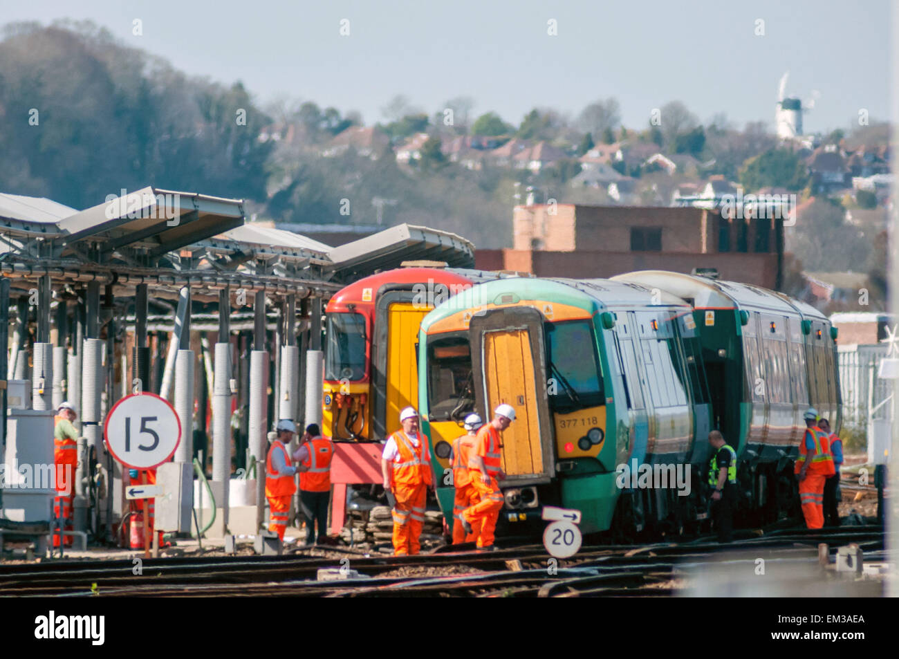 Brighton, UK. 15th April, 2015. All trains in and out of Brighton were