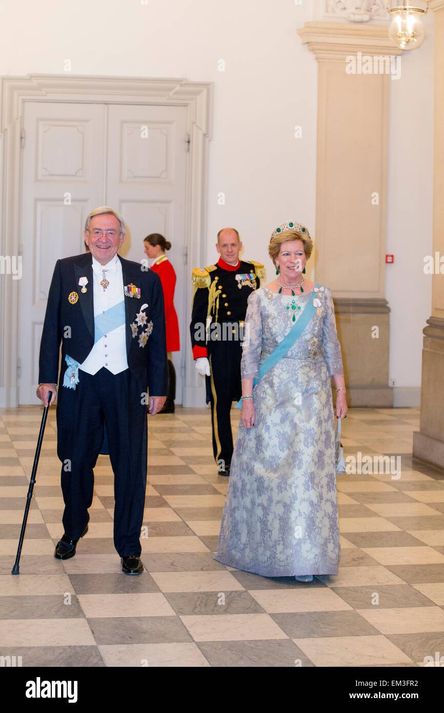 Copenhagen, Denmark. 15th Apr, 2015. King Constantine and Queen Anne-Marie of Greece attend the gala dinner for the Danish Queen Margrethe's 75th birthday at Christiansborg Palace in Copenhagen, Denmark, 15 April 2015. Credit:  dpa picture alliance/Alamy Live News Stock Photo