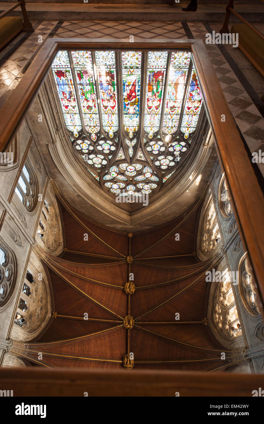 Low Angle View Of The Wooden Dome Ceiling And Stained Glass Window In Ripon Cathedral; Ripon Yorkshire England Stock Photo
