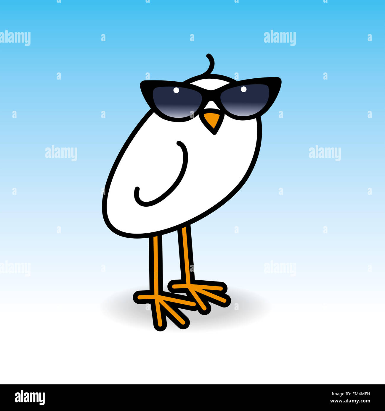 Single White Chick Wearing Ladies Black Rimmed Sunglasses Turning Head towards camera on Blue Background Stock Photo