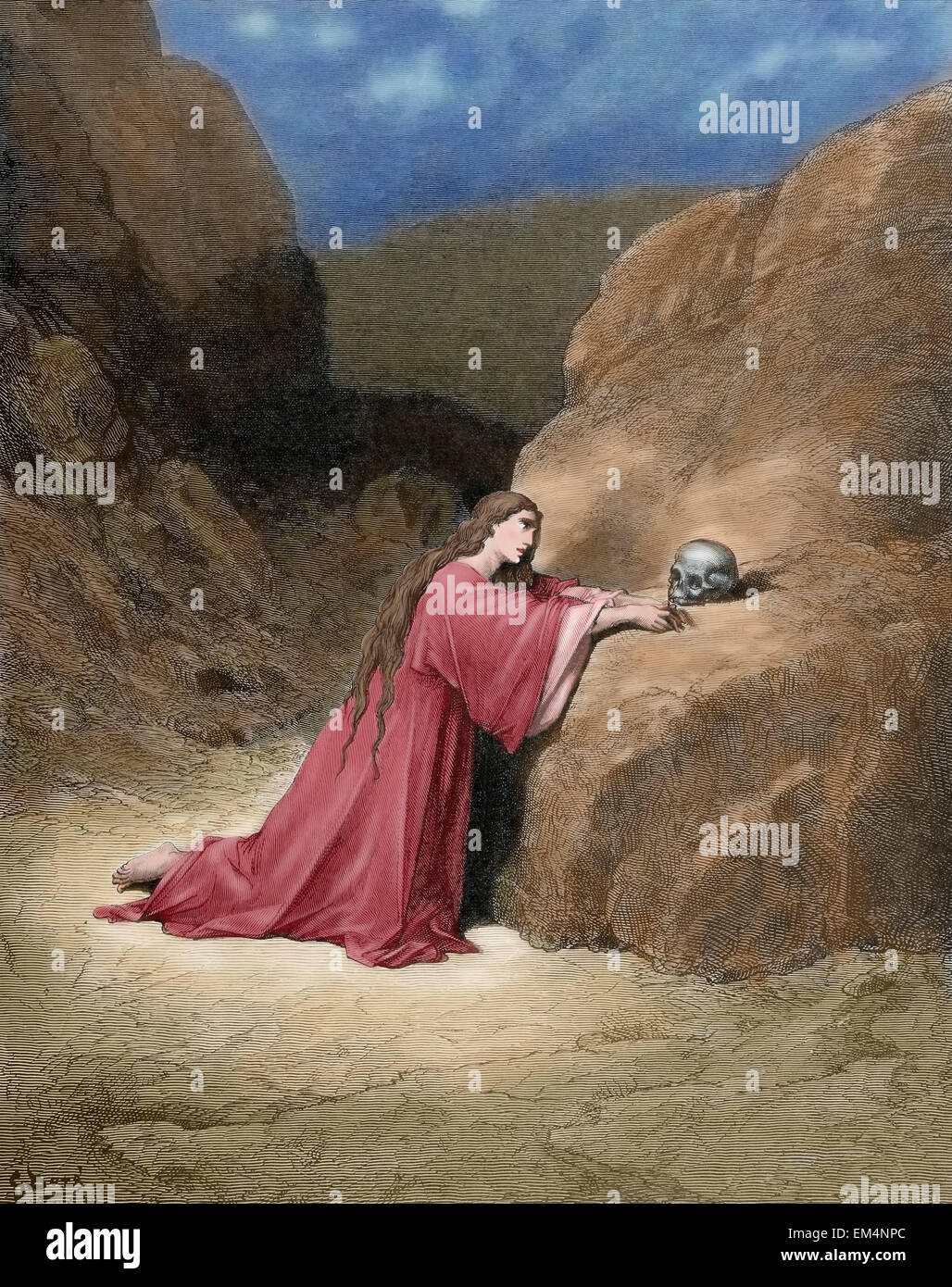 Mary Magdalene or Mary of Magdala, sometimes The Magdalene. Saint. Repentant Mary Magdalene. Engraving by Dore. Colored. Stock Photo