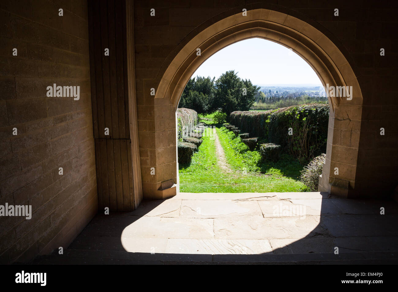 Looking through the archway of the main door of All Saint's Church, Richard's Castle, Herefordshire, England, UK Stock Photo