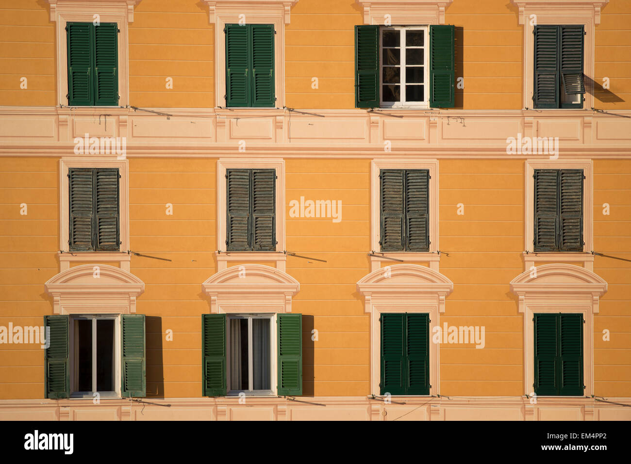 The colorful facades of the houses of the village of Camogli in Liguria. Stock Photo