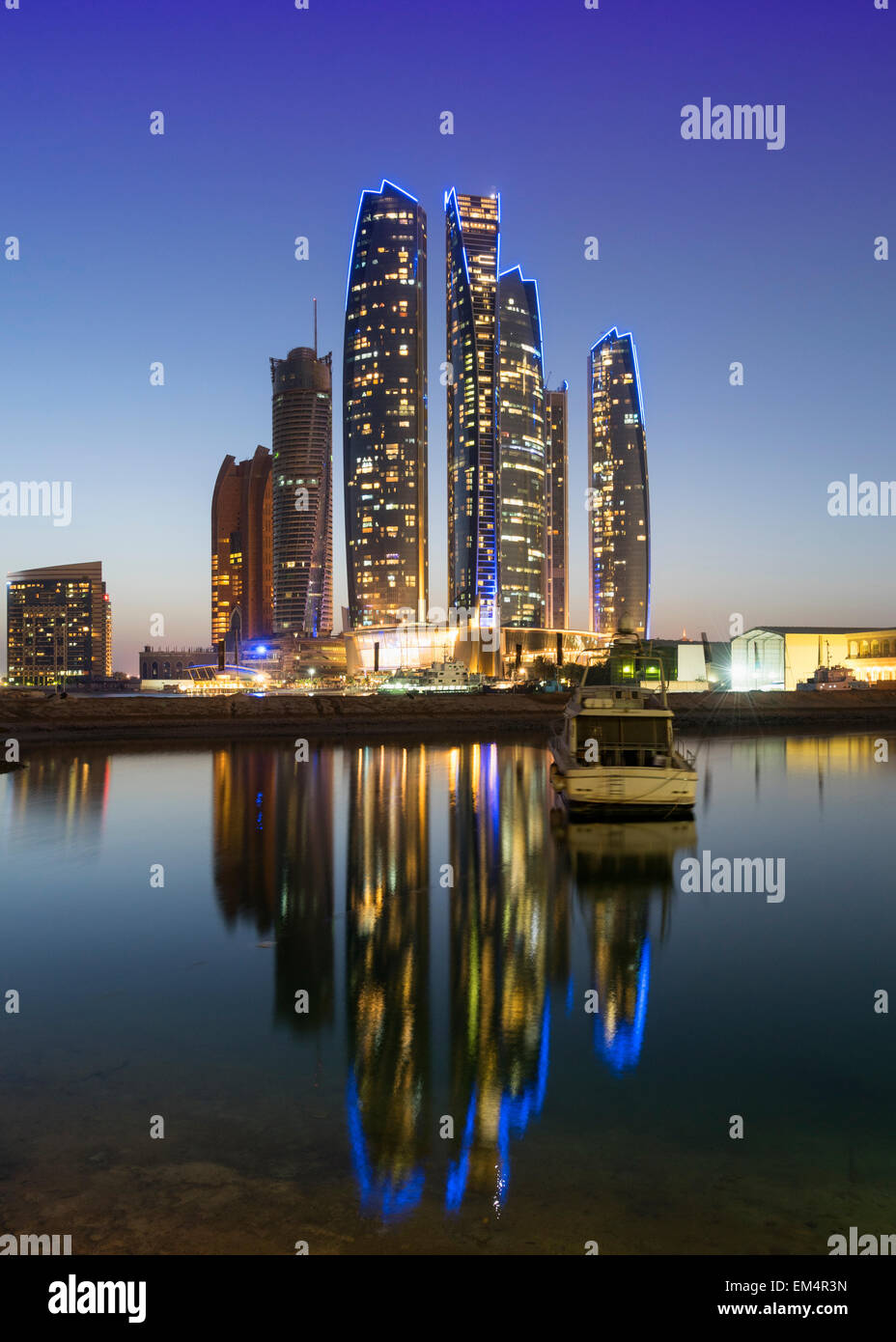 Night skyline view of Etihad Towers  in Abu Dhabi in United Arab Emirates Stock Photo