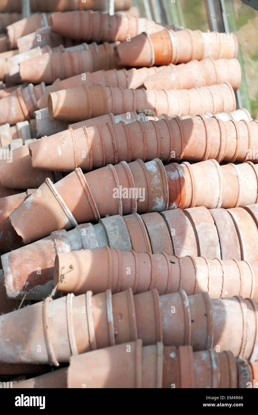 Clay pots in the green house Stock Photo