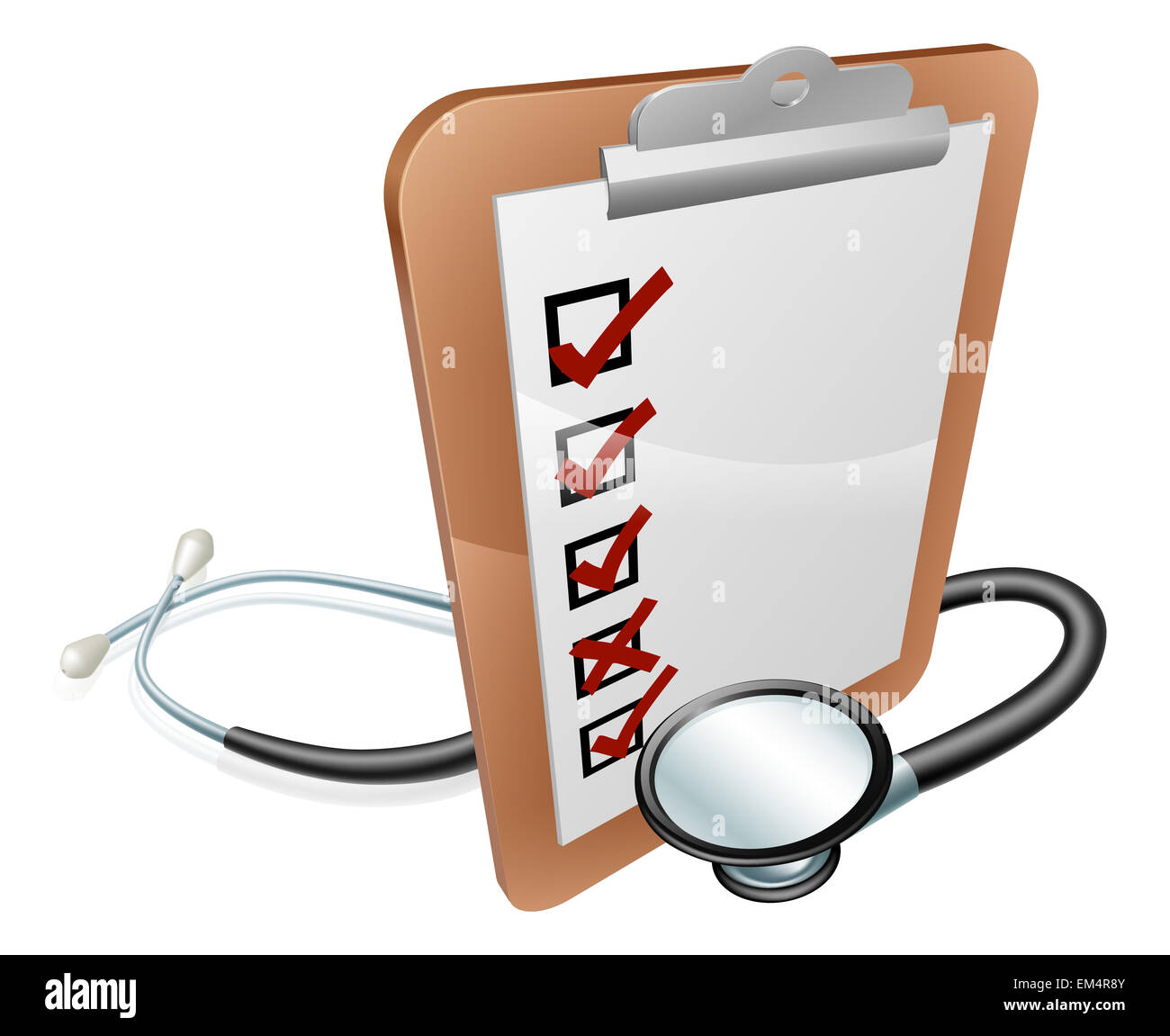 Clip Board and Stethoscope conceptual illustration. Could relate to medical test results, hospital administration, feedback or s Stock Photo