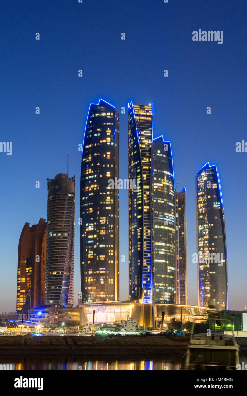 Night skyline view of Etihad Towers  in Abu Dhabi in United Arab Emirates Stock Photo