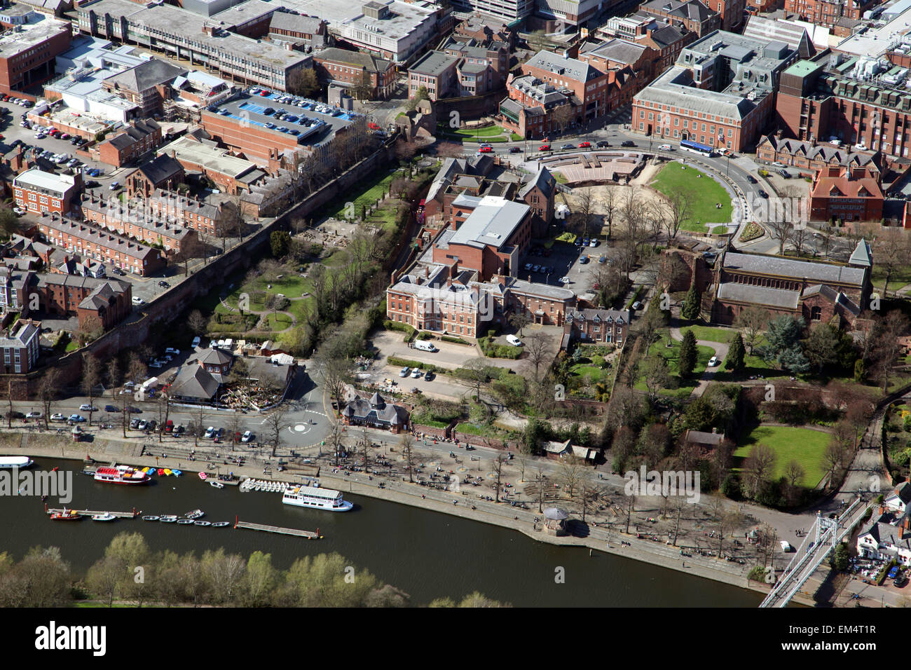 aerial view of Grosvenor Park in Chester looking across the River Dee towards The Old Palace & Roman Amphitheatre Stock Photo