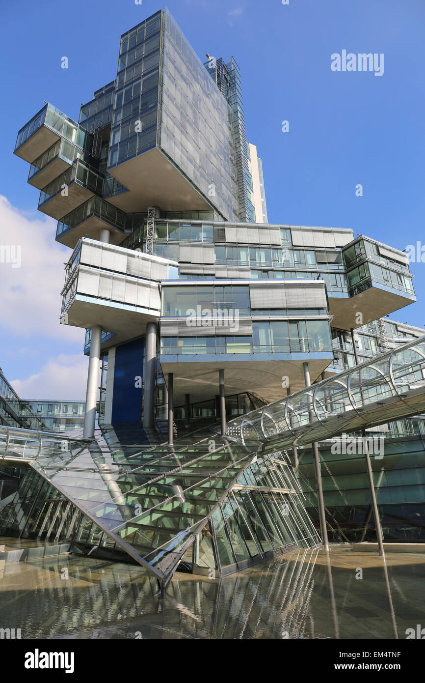 Nord LB Bank building provides an intriguing sight with its twisted stack of nested glass cubes Stock Photo