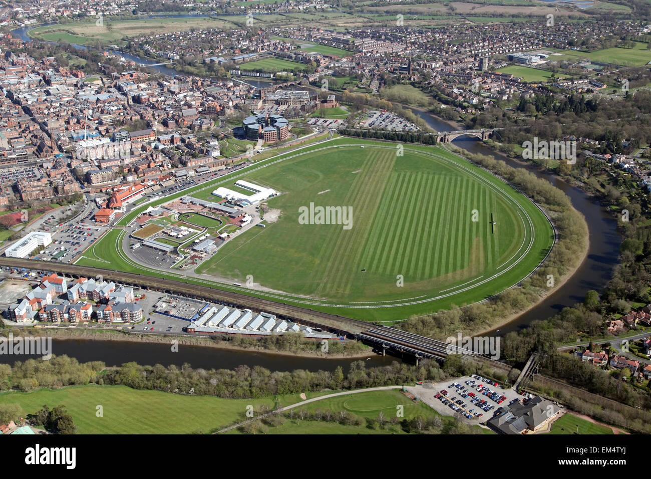 aerial view of Chester Racecourse, known as the Roodee in Cheshire, UK Stock Photo