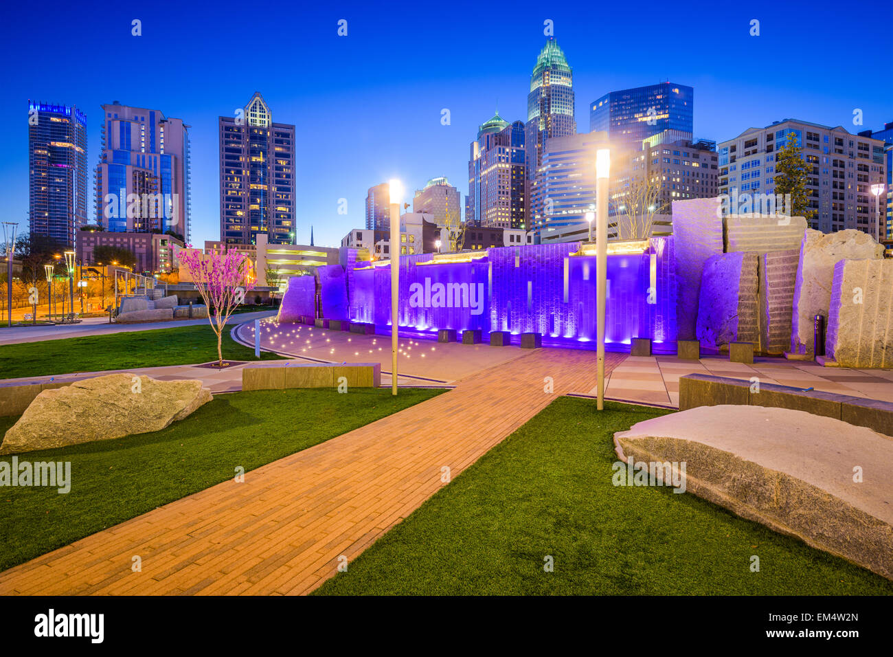 Charlotte, North Carolina, USA uptown skyline and park. Stock Photo