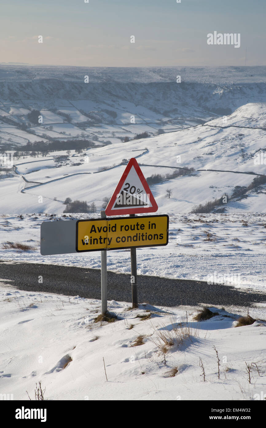 Wintry Warning Sign, Steep Road down into Farndale from Blakey Ridge, North York Moors National Park Stock Photo