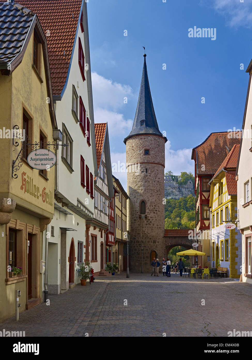Maingasse street with Main Gate in Karlstadt, Germany Stock Photo