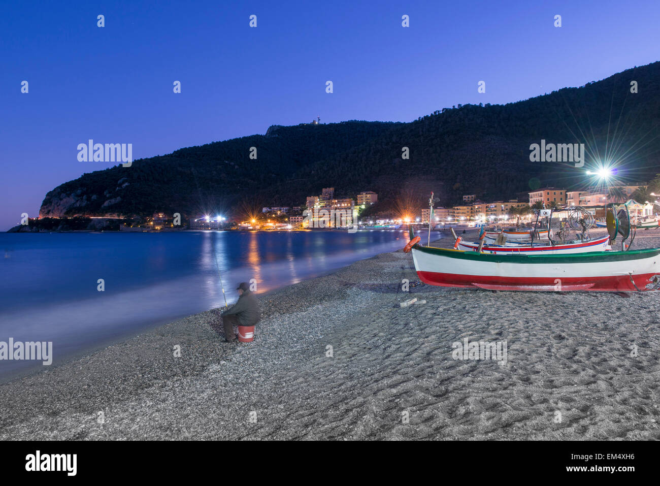View of the beach of Noli, in the ligurian riviera and its boats Stock Photo
