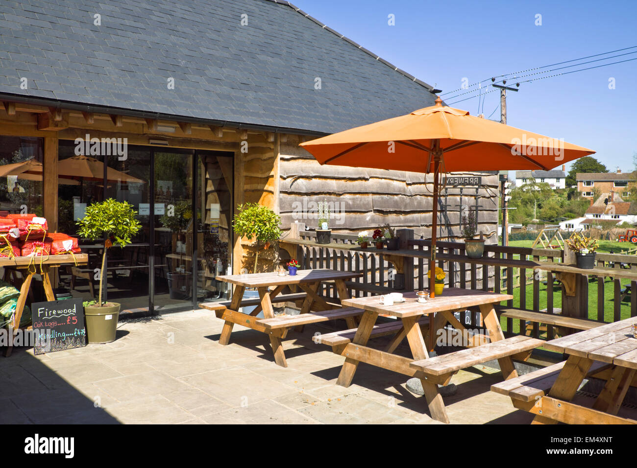 Edington and Tinhead Wiltshire villages Edington Farm shop patio Stock