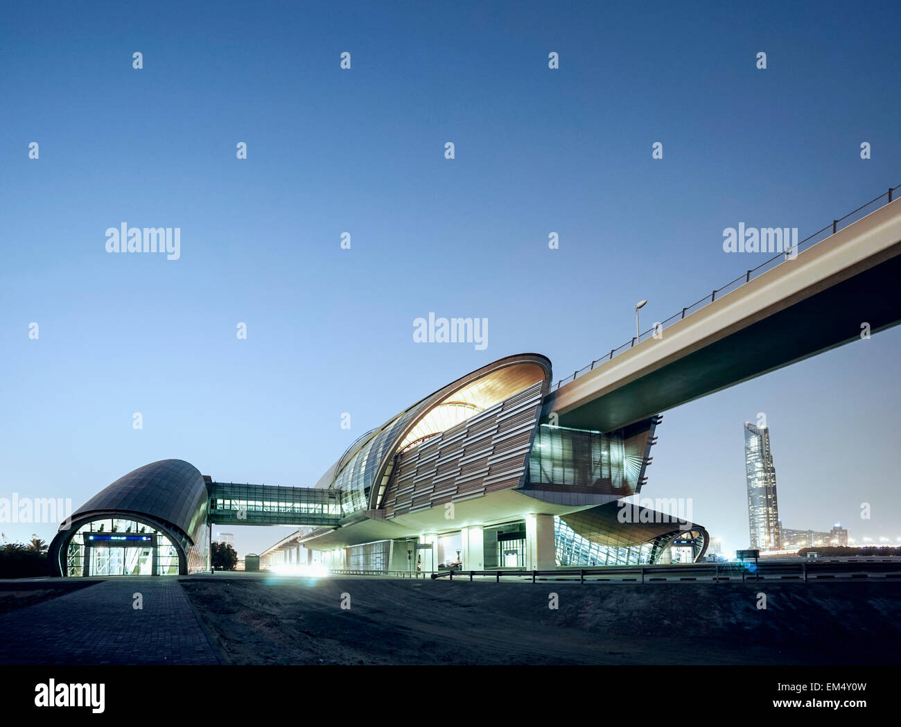 Modern metro railway station at night in Dubai United Arab Emirates Stock Photo