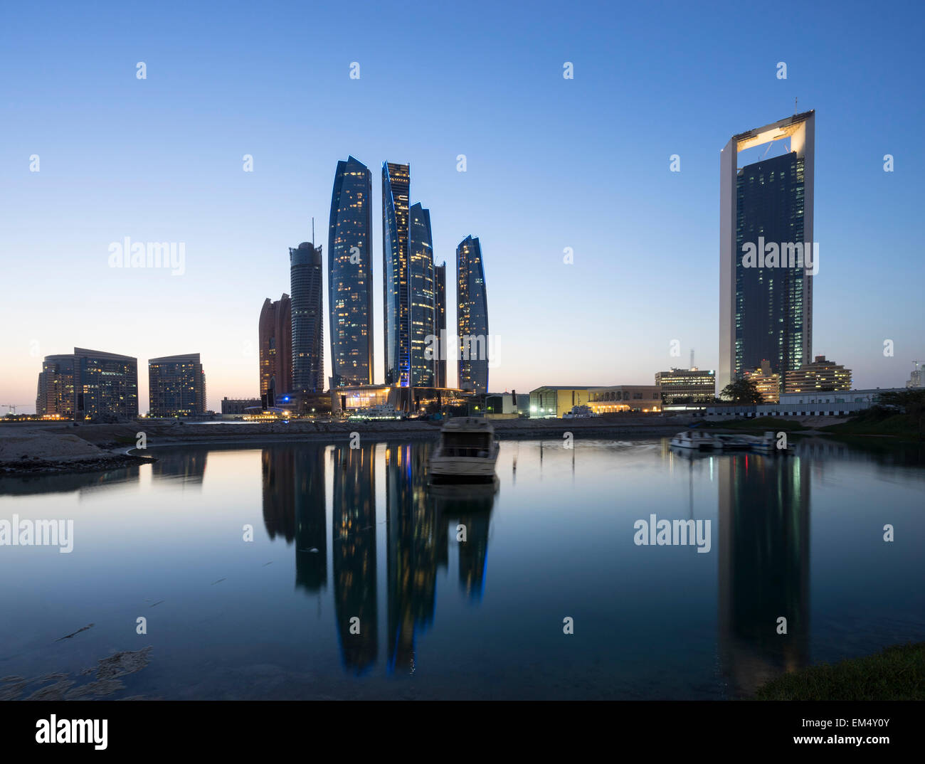 Night skyline view of Etihad Towers  in Abu Dhabi in United Arab Emirates Stock Photo