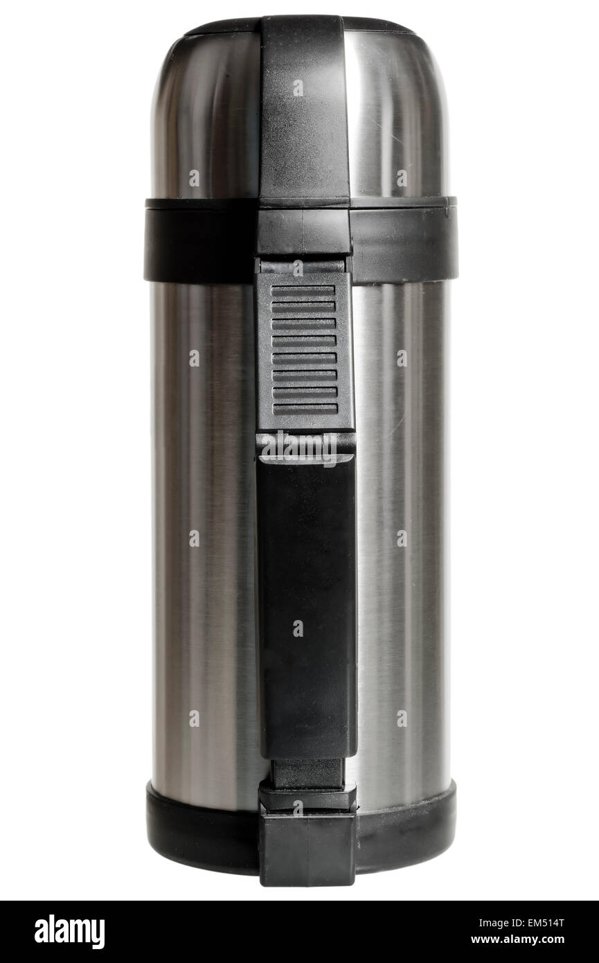 Universal metal thermos for hot and cold foods and beverages on a white background Stock Photo