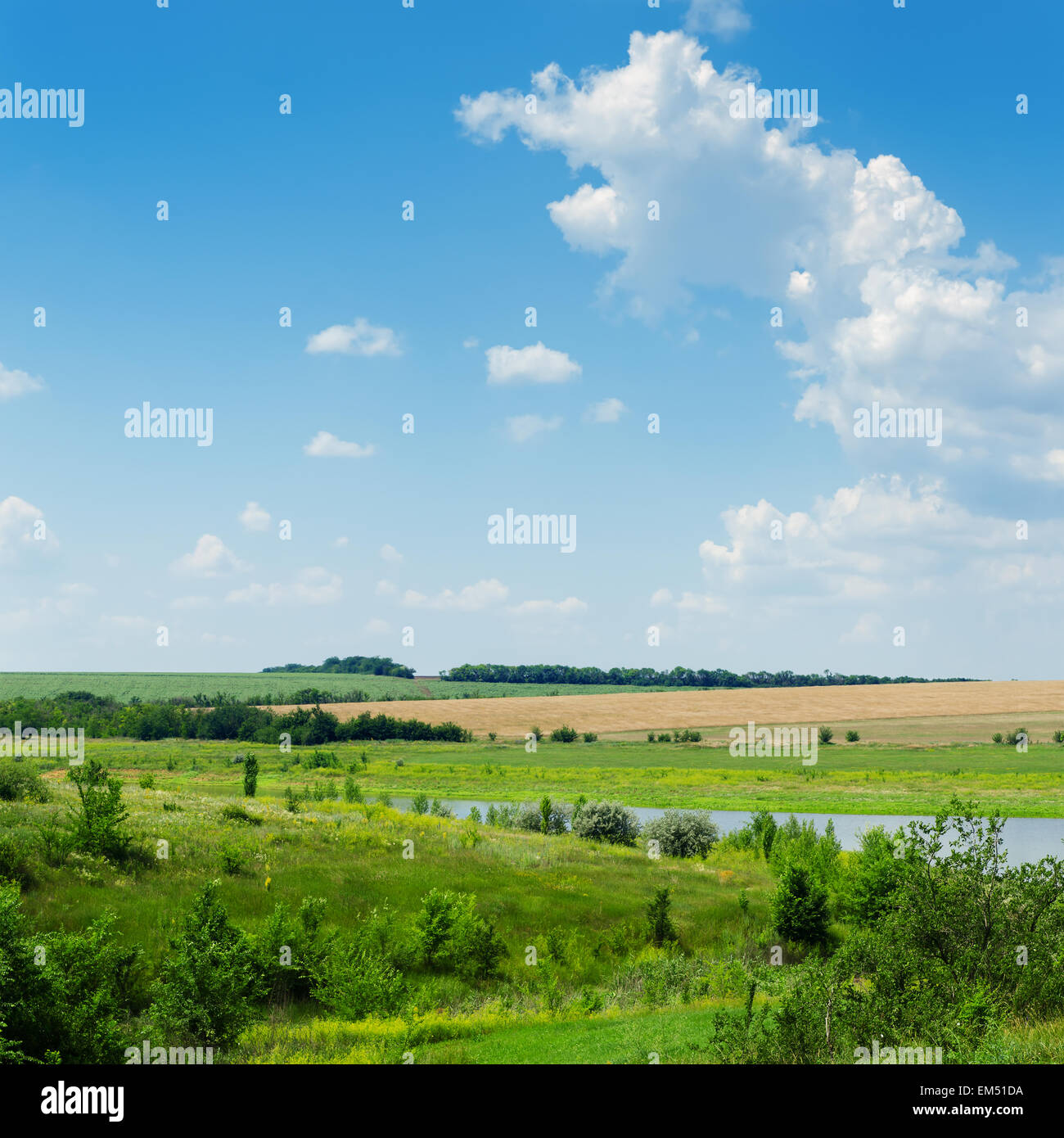 green landscape with river under blue cloudy sky Stock Photo - Alamy