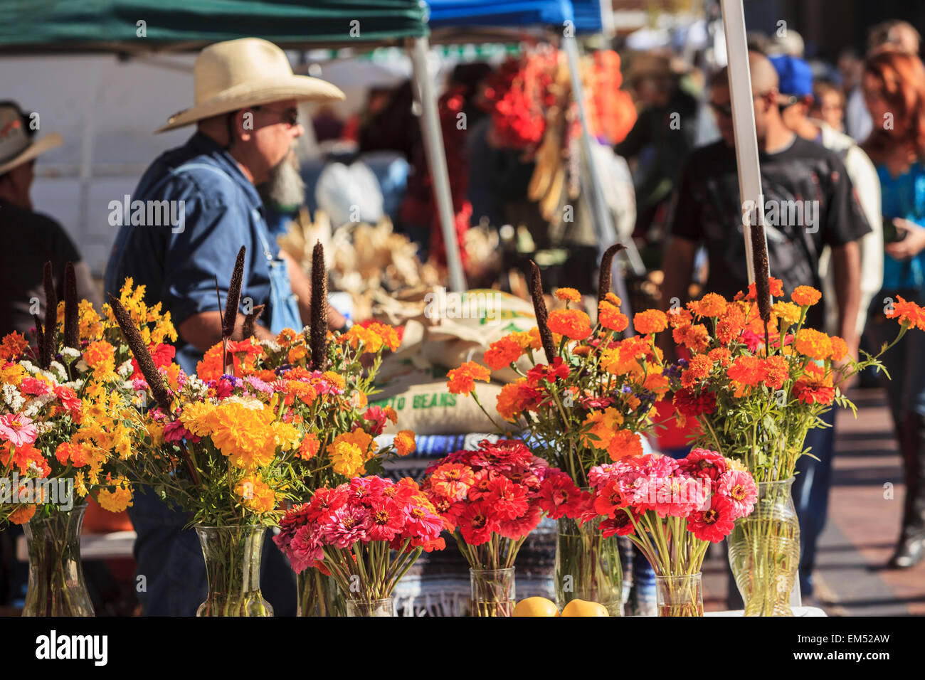 USA, New Mexico, Santa Fe, Shoppers at Santa Fe Saturday Market next to rail yard enjoy bounty of fall harvest Stock Photo