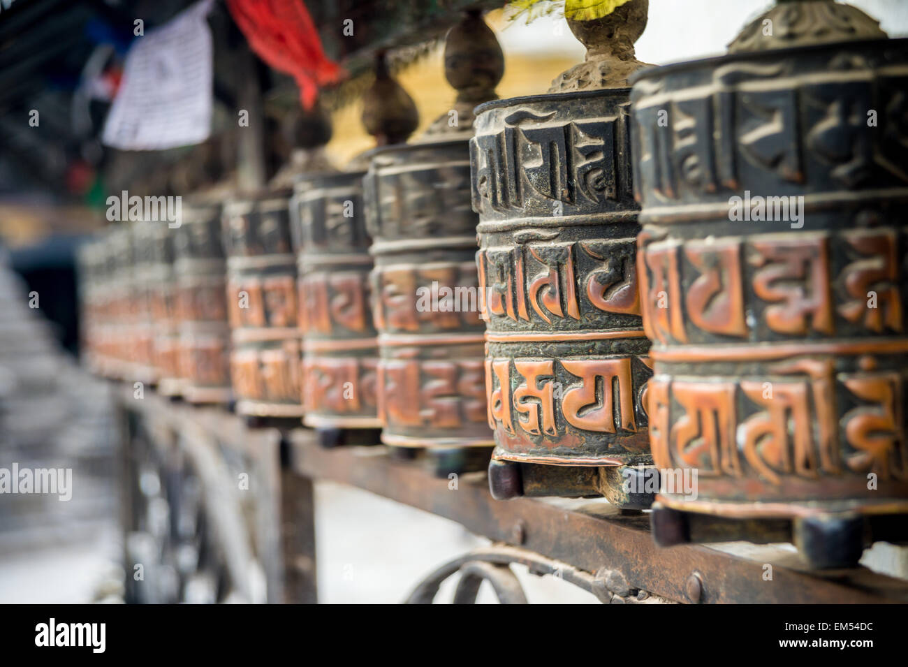Praying wheels at the Monkey Temple in Kathmandu, Nepal Stock Photo