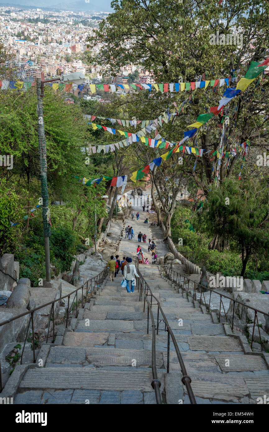 High angle shot of Temple Monkey stairs in Kathmandu Stock Photo