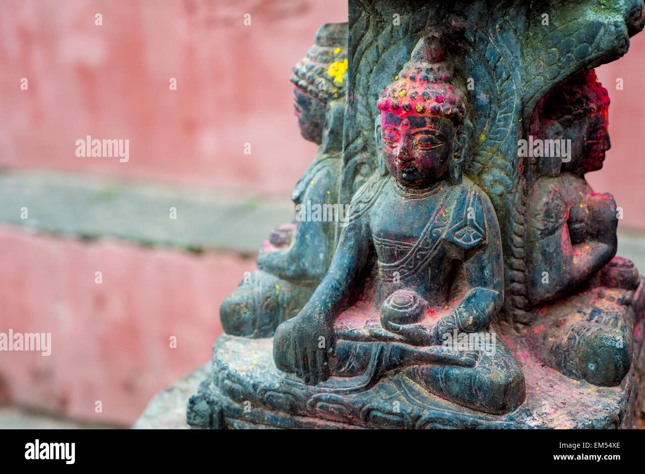 close up of a shrine with blessing of colourful paint in kathmandu, Nepal Stock Photo