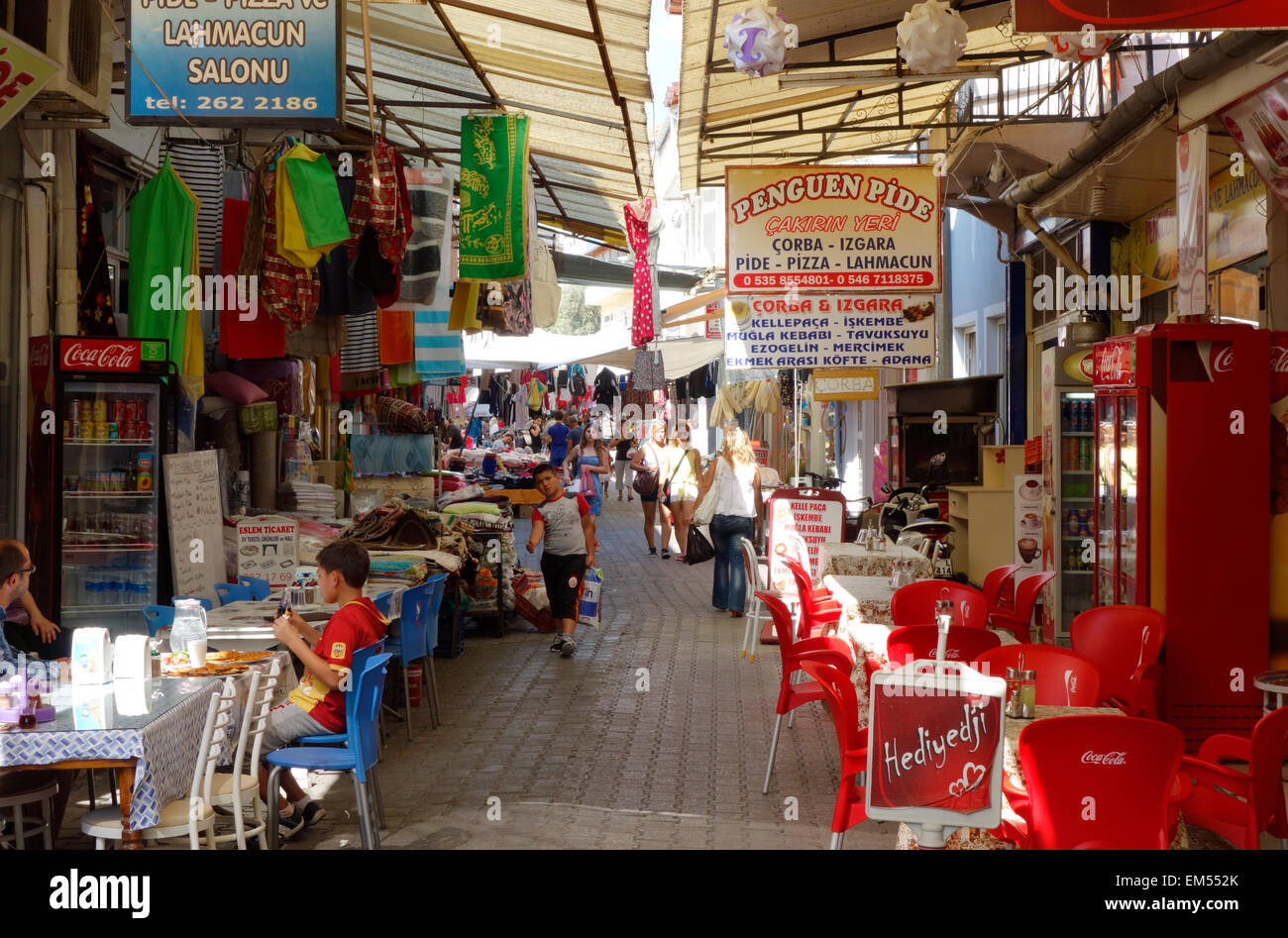 Covered street on market day in Köyceğiz, Turkey Stock Photo